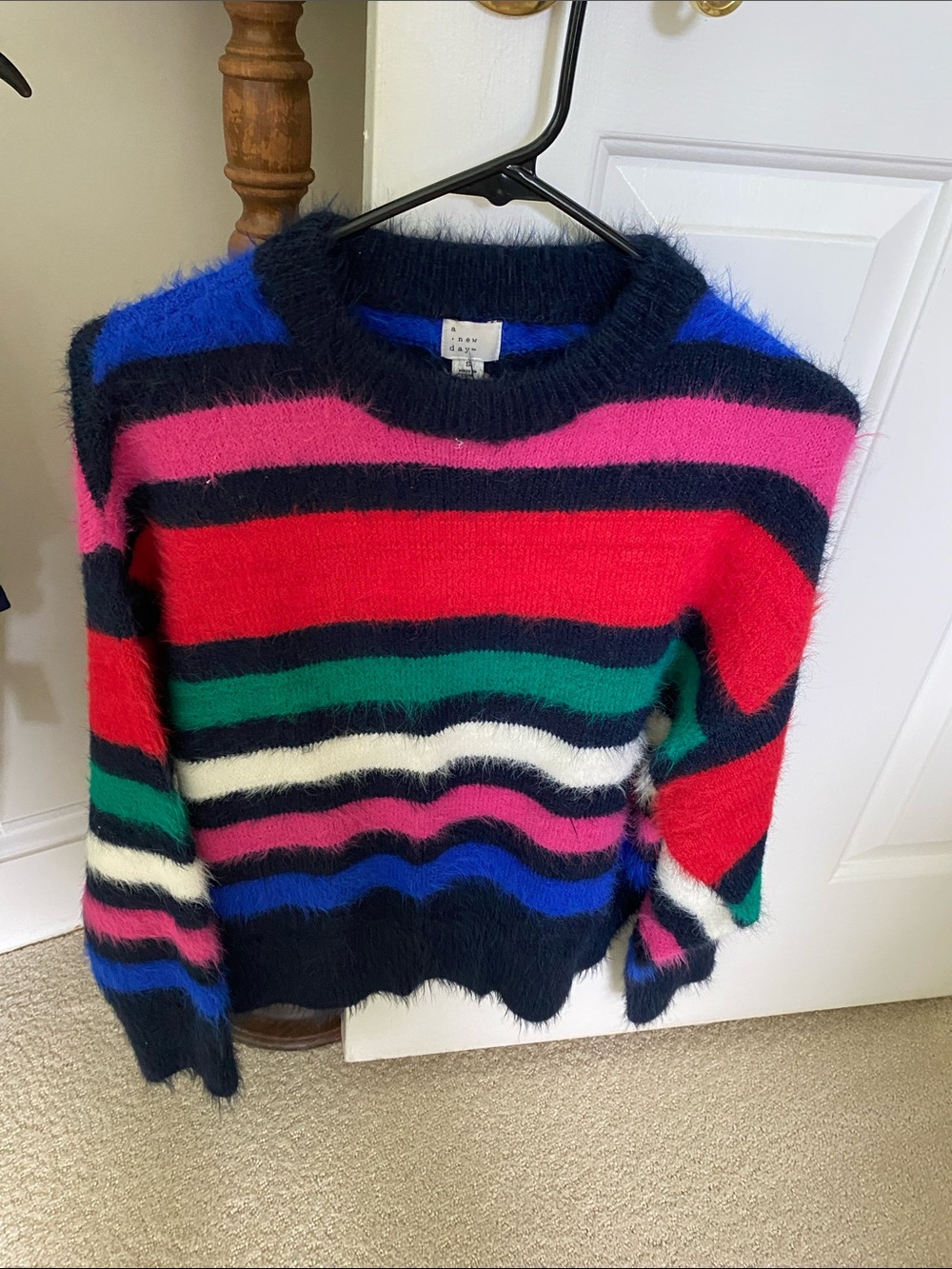 Women's Multicolor Fuzzy Stripe Sweater - Navy, Red, Pink, Green, Blue